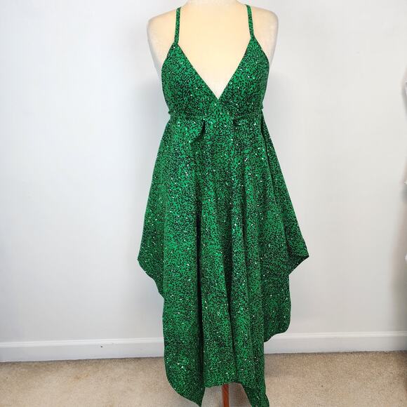 Bombchel V-Neck Asymmetric Hem Halter Dress Green Floral 100% Cotton OS M/L - Picture 1 of 15